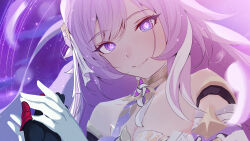2girls bare_shoulders black_gloves breasts cleavage diamond-shaped_pupils diamond_(shape) elysia_(herrscher_of_human:_ego)_(honkai_impact) elysia_(honkai_impact) gloves highres holding_hands honkai_(series) honkai_impact_3rd long_hair multicolored_hair multiple_girls pink_hair purple_eyes purple_sky raiden_mei raiden_mei_(herrscher_of_thunder) sculp2 sky smile symbol-shaped_pupils triquetra two-tone_hair veil very_long_hair white_gloves white_hair white_veil