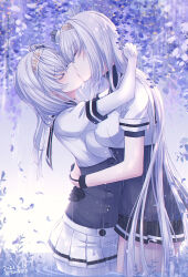 2girls black_gloves black_skirt blush bodysuit closed_eyes clothes_writing dated fuyutsuki_(kancolle) gloves grey_hair hachimaki headband highres kabocha_torute kantai_collection long_hair multiple_girls pleated_skirt profile school_uniform serafuku short_sleeves skirt suzutsuki_(kancolle) twitter_username white_bodysuit white_headband white_skirt yuri