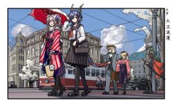 1boy 5girls alternate_costume animal_ears arknights bag black_footwear black_gloves black_hair black_pantyhose black_skirt black_vest blonde_hair blue_hair blue_sky bow bowtie braid bus cape car ch&#039;en_(arknights) character_request cityscape cloud day diagonal_stripes dog_boy dragon_horns dragon_tail formal_clothes furry furry_male gloves green_hair hair_bow hat holding holding_bag holding_suitcase holding_sword holding_umbrella holding_weapon horns hoshiguma_(arknights) hung_(arknights) japanese_clothes katana kimono kuroinu9 lin_(arknights) loafers looking_at_viewer military_hat military_uniform motor_vehicle mouse_ears mouse_girl mouse_tail multiple_girls neckerchief obi outdoors outside_border pantyhose parasol pink_hair pleated_skirt power_lines red_eyes red_neckerchief sailor_collar sash scarf school_uniform serafuku shirt shoes shoulder_bag single_horn skirt sky striped suitcase swire_(arknights) sword tail taishou top_hat tree twin_braids umbrella vest watch weapon white_hair white_scarf white_shirt wristwatch