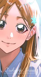 Rule 34 | 1girl, absurdres, bleach, blouse, brown eyes, english text, female focus, hair ornament, hairclip, highres, inoue orihime, light blush, lips, long hair, looking at viewer, n (nauki 11), orange hair, shirt, simple background, smile