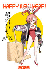 1girl 2023 ahoge akeome animal_ears bandaid bandaid_on_foot bandaid_on_knee bandaid_on_leg bare_legs bare_shoulders blue_archive blush bow bowtie braid breasts chinese_zodiac closed_mouth commentary_request detached_collar fake_animal_ears full_body halo happy_new_year high_heels highleg highres holding holding_mallet huge_ahoge jacket kine leotard long_sleeves looking_at_viewer mallet mochitsuki mole mole_under_eye mortar_(bowl) neru_(blue_archive) neru_(bunny)_(blue_archive) new_year off_shoulder official_alternate_costume open_clothes open_jacket playboy_bunny rabbit_ears red_bow red_bowtie red_eyes red_leotard shiganai_might simple_background small_breasts solo standing strapless strapless_leotard sukajan traditional_bowtie translation_request white_background year_of_the_rabbit