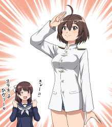 2girls ahoge alternate_costume blush brave_witches breasts brown_eyes brown_hair closed_mouth dress hair_ornament hairclip hiro_yoshinaka karibuchi_hikari karibuchi_takami large_breasts looking_at_viewer military_uniform multiple_girls open_mouth sailor_dress salute short_hair smile world_witches_series