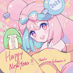1girl :d bellibolt blue_hair blush bow-shaped_hair character_hair_ornament hair_ornament happy_new_year haru_(haruxxe) highres iono_(pokemon) jacket lightning_bolt_symbol multicolored_hair new_year nintendo off_shoulder open_mouth pink_background pink_hair pokemon pokemon_sv smile teeth thank_you two-tone_hair upper_body upper_teeth_only yellow_jacket