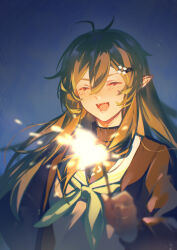 1girl absurdres alternate_costume ant arknights black_jacket black_shirt blurry blurry_foreground blush bug closed_eyes dated facing_viewer fangs fireworks gavial_(arknights) green_hair green_neckerchief hair_ornament highres holding holding_fireworks insect jacket long_hair long_sleeves moozsilent neckerchief open_clothes open_jacket open_mouth pointy_ears sailor_collar shirt smile solo sparkler sweater turtleneck upper_body