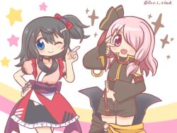 2girls :d ;) ashley_taylor ashley_taylor_(cosplay) bad_id bad_twitter_id black_choker black_hair blue_eyes blush bow chiaki_riko choker closed_mouth cowboy_shot detached_sleeves hair_bow hair_ornament hair_over_one_eye hair_ribbon hand_on_own_hip hand_up japanese_clothes long_hair long_sleeves looking_at_viewer magia_record:_mahou_shoujo_madoka_magica_gaiden magical_girl mahou_shoujo_madoka_magica mizuki_rui mizuki_rui_(cosplay) multiple_girls one_eye_closed one_side_up open_mouth pink_eyes pink_hair red_bow reverse_(bluefencer) ribbon short_sleeves shorts sidelocks skirt smile star_(symbol) tamaki_ui v v_over_eye
