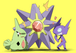 bad_id bad_pixiv_id gem gen_1_pokemon gen_2_pokemon gen_3_pokemon heart larvitar nintendo no_humans pokemon pokemon_(creature) red_eyes sableye saliva sg_(pixiv) sg_(suuchan) simple_background starmie surprised sweat