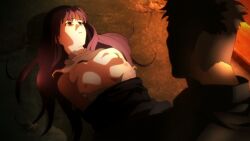 1boy 1girl asagami_fujino black_hair breasts breasts_out rape empty_eyes expressionless forced kara_no_kyoukai lying nipples on_back rape red_eyes