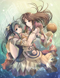 2girls ahoge bell blue_eyes blue_hair bow brown_hair camelot cape coatlicue_(golden_sun) golden_sun gradient_background hair_bow holding_hands japanese_clothes kimono long_hair mia_(golden_sun) multiple_girls otoginoringo ponytail ribbon summon
