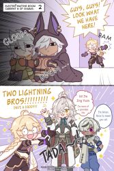 5boys aether_(genshin_impact) ahoge arlan_(honkai:_star_rail) blonde_hair chibi cyno_(genshin_impact) english_text genshin_impact high_ponytail highres honkai:_star_rail honkai_(series) jing_yuan long_hair multiple_boys nutritsari ponytail razor_(genshin_impact) short_hair tagme white_hair