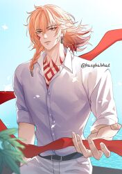 Rule 34 | 1boy, belt, black belt, blonde hair, blue sky, braid, chest tattoo, collared shirt, commentary, earrings, english commentary, facial tattoo, gold earrings, gradient hair, hair between eyes, highres, honkai: star rail, honkai (series), jewelry, male focus, medium hair, multicolored hair, mydei (honkai: star rail), nasybabhat, pants, red hair, red ribbon, red tattoo, ribbon, shirt, side braid, sky, sleeves rolled up, solo, tattoo, twitter username, white pants, white shirt, yellow eyes