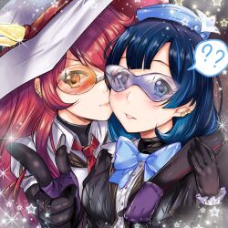 2girls ? ?? arm_around_neck ascot black_gloves blue_bow blue_eyes blue_hair blue_hat blush bow earrings evil_twin_ki-sikil evil_twin_lil-la glasses gloves hair_between_eyes hat jewelry kalian ki-sikil_(yu-gi-oh!) lil-la_(yu-gi-oh!) long_hair long_sleeves looking_at_viewer multiple_girls parted_lips pink_hair red_ascot short_hair sparkle speech_bubble sunglasses upper_body yu-gi-oh! yuri