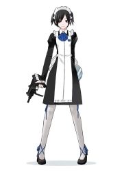1girl aaliyah apron black_eyes black_hair black_shoes bow combat_maid dress female_focus gun hairband high_heels machine_pistol maid maid_apron maid_machinegun mini_uzi pantyhose shoes solo submachine_gun tray uzi weapon yasuda_suzuhito