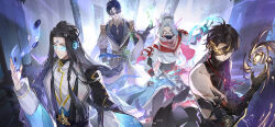 4boys absurdres bandaid bandaid_on_face bandaid_on_nose bare_shoulders black_gloves black_hair black_jacket black_mask black_pants black_sash black_shirt blonde_hair blue_eyes blue_hair board_game braid braised_trepang_(the_tale_of_food) cape capelet chili_fishhead_(the_tale_of_food) chin_guard chinese_clothes chinese_commentary chuyi_flower_cake_(the_tale_of_food) claw_pose closed_mouth clothing_cutout covered_mouth cropped_jacket curtained_hair cyberpunk elbow_gloves eyepatch eyewear_strap facial_mark fingerless_gloves fins fish flaming_eye floating floating_object flying_fish forehead_mark gloves go_(board_game) green_eyes grey_eyes grey_jacket grin hair_between_eyes hand_up head_fins highres hip_vent hydrokinesis jacket jade_(gemstone) lapels layered_sleeves long_hair long_sleeves looking_at_object looking_at_viewer low-braided_long_hair low-tied_long_hair male_focus mask mechanical_arms mouth_mask multicolored_hair multiple_boys neck_ribbon o-ring object_floating_above_hand official_art pants parted_bangs parted_lips pebble pillar ponytail qiabeibei red_capelet red_ribbon ribbon robot_ears sash scarf science_fiction scouter see-through_clothes see-through_scarf shirt short_hair short_over_long_sleeves short_sleeves side_braid sidelocks sideways_glance sleeveless sleeveless_turtleneck smile streaked_hair sunglasses tassel the_tale_of_food treasure_in_fish_(the_tale_of_food) turtleneck waist_cape water watermark weibo_watermark white_cape white_hair white_jacket white_scarf white_shirt wide_sleeves yellow_eyes
