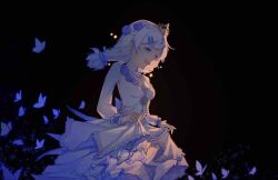 Rule 34 | 1girl, :d, absurdres, benghuai xueyuan, blue butterfly, blue eyes, blue flower, blue rose, bug, butterfly, crown, dress, flower, hair flower, hair ornament, highres, honkai (series), insect, kiana kaslana, lifting own clothes, long hair, meichu, open mouth, rose, smile, solo, white dress, white hair