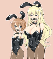 Rule 34 | 2girls, abstract background, animal ears, armbinder, arms behind back, ball gag, bare shoulders, bdsm, blanc (neptunia), blonde hair, breasts, brown hair, detached collar, eudetenis, fake animal ears, gag, highres, large breasts, leotard, long hair, looking at another, looking at breasts, multiple girls, neptune (series), pantyhose, playboy bunny, rabbit ears, saliva, short hair, small breasts, smug, standing, vert (neptunia)