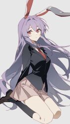 1girl animal_ears black_jacket black_socks blazer collared_shirt full_body highres jacket kneeling loafers long_hair long_sleeves necktie pleated_skirt purple_hair rabbit_ears red_necktie reisen_udongein_inaba shirt shoes simple_background skirt socks solo touhou very_long_hair white_background wuliwuli909