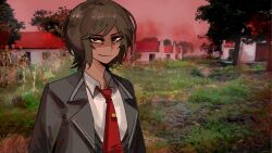 Rule 34 | 1girl, arczaeon, black jacket, brown hair, closed mouth, collared shirt, dark-skinned female, dark skin, highres, jacket, lapels, limbus company, long sleeves, looking at viewer, necktie, notched lapels, outis (project moon), project moon, red necktie, shirt, short hair, smile, solo, ssethtzeentach, tie clip, upper body, white shirt