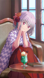 1girl book braid chair cherry closed_mouth cup drink drinking_glass feet_out_of_frame flower food fruit game_cg gridman_universe hair_flower hair_ornament hakama hakama_skirt hands_on_own_cheeks hands_on_own_face head_tilt highres ice_cream ice_cream_float indoors japanese_clothes kimono long_skirt looking_at_viewer melon_soda official_art on_chair pink_hair print_kimono red_eyes red_hakama red_skirt shinjou_akane short_hair single_braid sitting skirt smile solo ssss.gridman table third-party_source window wooden_table yagasuri