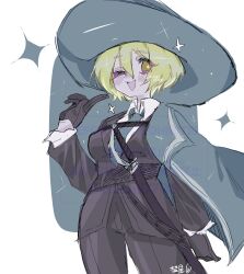 Rule 34 | + +, 1girl, :d, black gloves, black jacket, black pants, blonde hair, blue cape, blue hat, blue necktie, cape, cavalier hat, cinq association south uniform, collared shirt, don quixote (project moon), gloves, hat, highres, jacket, limbus company, necktie, one eye closed, open mouth, pants, project moon, shirt, short hair, simple background, smile, solo, sparkle, standing, suisei0708, upper body, white background, white shirt, yellow eyes
