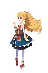 1girl alternate_color archer_(disgaea) backless_dress backless_outfit bare_shoulders belt blonde_hair demon_girl detached_sleeves disgaea disgaea_rpg dress drill_hair flat_chest full_body grey_pantyhose harada_takehito long_hair looking_at_viewer official_art open_mouth pantyhose pointy_ears shoes smile strapless strapless_dress thighhighs transparent_background twin_drills twintails