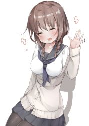 1girl :d ^_^ absurdres blue_neckerchief blush braid breasts brown_hair brown_pantyhose cardigan chair closed_eyes commentary_request grey_cardigan grey_sailor_collar grey_skirt hair_between_eyes hair_over_shoulder hand_up highres long_sleeves low_twintails medium_breasts mochi_nabe neckerchief neckerchief_between_breasts on_chair open_mouth original pantyhose pleated_skirt sailor_collar shirt simple_background sitting skirt smile solo twin_braids twintails white_background white_shirt