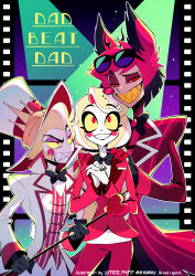 1girl 2boys alastor_(hazbin_hotel) animal_ears antlers apple black_bow black_bowtie black_gloves black_hair black_hands black_pants blonde_hair blush_stickers bow bowtie cane charlie_morningstar coat colored_extremities colored_sclera colored_skin colored_teeth cowboy_shot deer_antlers deer_ears eyeshadow eyewear_on_head film_strip food fruit gloves hands_on_another&#039;s_shoulders hat hazbin_hotel highres holding holding_cane horns jacket jewelry long_hair long_sleeves looking_at_another lucifer_morningstar_(hazbin_hotel) makeup meiji_ken monocle multicolored_hair multiple_boys own_hands_together pale_skin pants raised_eyebrow red_coat red_eyes red_eyeshadow red_hair red_jacket red_pants red_sclera red_vest ring sharp_teeth shirt short_hair striped_clothes striped_coat striped_vest suit_jacket teeth top_hat twitter_username two-tone_hair vest white_coat white_hat white_pants white_shirt yellow_sclera yellow_teeth
