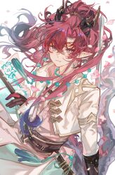 1boy absurdres arknights belt belt_buckle black_gloves buckle collared_jacket collared_shirt dragon_bubble_(arknights) dutch_angle eastern_dragon_horns eastern_dragon_tail fang gloves hair_between_eyes hashtag-only_commentary high_collar highres jacket long_hair long_sidelocks looking_at_viewer male_focus multiple_belts parted_bangs pointy_ears ponytail red_eyes red_hair shirt sidelocks solo sono_zha tassel twitter_username upper_body white_background white_jacket white_shirt yu_(arknights)
