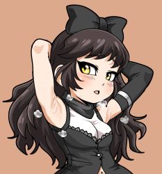 Rule 34 | 1girl, armpits, black bow, black hair, blake belladonna, bow, breasts, curly hair, long hair, looking at viewer, navel, open mouth, rwby, simple background, solo, yellow eyes, yuuya (blue scarab)