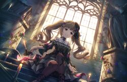 1girl black_dress bow brown_eyes brown_hair candle center_frills doll_joints dress flower frills game_cg idolmaster idolmaster_cinderella_girls idolmaster_cinderella_girls_starlight_stage joints minihat nail_polish official_art sitting smile solo stairs statue sunlight thighhighs twintails window yorita_yoshino
