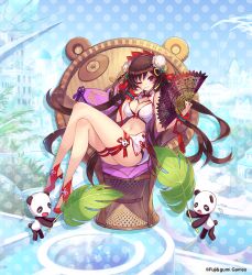 1girl bashosen breasts brown_hair cleavage commentary copyright_notice cushion folding_fan full_body g-row hand_fan holding holding_fan large_breasts long_hair looking_at_viewer navel official_alternate_costume official_art on_chair one_eye_closed panda phantom_of_the_kill purple_eyes red_sandals sandals second-party_source sitting smile solo sweatdrop swimsuit thighs zabuton
