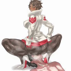 1boy 1girl ass ass_grab black_hair black_pantyhose blush breasts brown_eyes brown_hair cameltoe candela_(pokemon) cunnilingus cunnilingus_through_clothes dark-skinned_female dark_skin full_body gloves hetero high_heels highres jacket large_breasts looking_at_viewer looking_back nintendo oral pantyhose pokemon pokemon_go saliva shoes short_hair simple_background sitting sitting_on_face sitting_on_person skin_tight spread_ass squatting uya_(yurukah) white_background