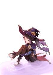 1girl absurdres barefoot black_hair bodystocking commentary feet full_body genshin_impact green_eyes hat highres knees_up long_hair mona_(genshin_impact) ripples sitting solo starsd stirrup_legwear toeless_legwear toes twintails witch_hat