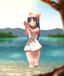 Rule 34 | 1girl, ainu clothes, alternate costume, arms up, blue eyes, blue hair, breasts, hair ribbon, highres, legs, looking at viewer, nakoruru, ribbon, samurai spirits, small breasts, smile, snk, solo, the king of fighters, thighs, water
