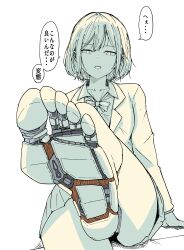 1girl absurdres android barefoot blazer bow bowtie collared_shirt commentary_request damaged exposed_internal_machinery feet foot_focus foreshortening highres jacket limited_palette mechabare open_mouth original pinetea presenting_foot school_uniform shirt short_hair simple_background soles solo speech_bubble toes translation_request white_background