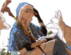 Rule 34 | 1boy, animal, black gloves, blue coat, coat, cu chulainn (caster) (fate), cu chulainn (fate), earrings, fate/grand order, fate (series), fingerless gloves, gloves, highres, jewelry, long hair, male focus, parted lips, red eyes, simple background, sitting, staff, unfinished, white background, wolf, yuanye shui bu bao