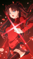 1girl black_hair black_ribbon black_skirt black_thighhighs blue_eyes breasts commentary_request fate/stay_night fate_(series) gem gradient_background hair_ribbon highres long_hair long_sleeves open_mouth red_background red_gemstone red_shirt ribbon shirt skirt so_zei_tama_tama solo sparkle thighhighs tohsaka_rin twintails