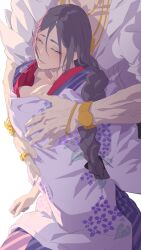 1boy 1girl apron bracelet braid braided_ponytail breasts cleavage fate/grand_order fate_(series) floral_print grabbing_another&#039;s_breast groping ion_(cation) jewelry kappougi large_breasts long_hair long_sleeves looking_at_viewer minamoto_no_raikou_(fate) minamoto_no_raikou_(stitching_for_your_beloved_one)_(fate) necklace parted_bangs parted_lips purple_eyes purple_hair sakata_kintoki_(fate) shirt very_long_hair white_shirt wide_sleeves