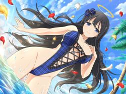 1girl bare_arms bare_shoulders black_hair blue_eyes blue_ribbon blue_sky bow bowtie breasts cleavage cloud cloudy_sky cross-laced_clothes falling_petals floating floating_object groin hair_ornament hair_ribbon halo hand_on_own_chest highleg highleg_one-piece_swimsuit large_breasts linea_alba long_hair looking_at_viewer morning navel ocean official_alternate_costume official_art one-piece_swimsuit page_number palm_leaf palm_tree partially_submerged petals plant ribbon ryouki_(senran_kagura) senran_kagura senran_kagura_new_link shiny_skin sky slingshot_swimsuit smile solo sun sunlight swimsuit thighs tree water water_drop wet yaegashi_nan
