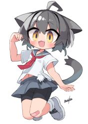 1girl :3 animal_ears artist_name bandaid bandaid_on_knee bandaid_on_leg bike_shorts bike_shorts_under_skirt black_hair black_shorts blush cat_ears cat_girl cat_tail fang grey_sailor_collar grey_shoes grey_skirt highres midriff nanatsuta navel neckerchief open_mouth original paw_pose pleated_skirt red_neckerchief sailor_collar shirt shoes short_shorts short_sleeves shorts signature simple_background skirt solo tail white_background white_shirt yellow_eyes