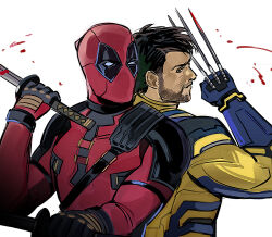 2boys back-to-back beard bodysuit brown_hair claw_(weapon) deadpool deadpool_&amp;_wolverine deadpool_(series) dual_wielding facial_hair fighting_stance highres holding holding_sword holding_weapon katana male_focus marvel marvel_cinematic_universe multiple_boys newb_ff7r red_bodysuit red_mask short_hair sideburns superhero_costume sword upper_body weapon white_background wolverine_(x-men)