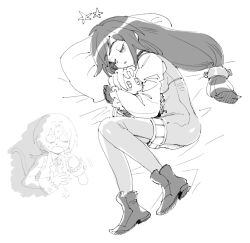 Rule 34 | 1boy, 1girl, bed sheet, black choker, bodysuit, boots, cat tail, character doll, choker, dede (qwea 00000), doll, final fantasy, final fantasy ix, full body, garnet til alexandros xvii, greyscale, hair tie, holding, holding stuffed toy, hug, juliet sleeves, long hair, long sleeves, low-tied long hair, low ponytail, monochrome, open mouth, parted bangs, parted lips, pillow, pointing, pointing at self, ponytail, puffy sleeves, shirt, sketch, sleeping, stuffed toy, sweatdrop, tail, thigh strap, white background, white shirt, wide-eyed, wrist cuffs, zidane tribal