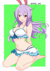 1girl absurdres animal_ears bare_arms bare_legs barefoot bikini blush border breasts brown_eyes cleavage collarbone feet frilled_bikini frills green_background hair_between_eyes highres large_breasts long_hair looking_at_viewer navel open_mouth pamu_art purple_hair rabbit_ears reisen_udongein_inaba simple_background sitting smile solo swimsuit thighs toes touhou twitter_username wariza white_bikini white_border