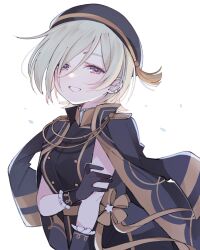 Rule 34 | 1girl, beret, black dress, black gloves, black hat, black jacket, blonde hair, breasts, commentary, dress, ear piercing, gloves, hair over one eye, hat, highres, holding own arm, jacket, jacket on shoulders, looking at viewer, love live!, love live! nijigasaki high school idol club, medium breasts, mia taylor, notyu maru, piercing, purple eyes, short hair, sleeveless, sleeveless dress, smile, solo, stars we chase (love live!), symbol-only commentary, upper body, white background