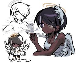 Rule 34 | 1girl, angel, angel wings, black hair, cigarette, commentary request, dark-skinned female, dark skin, feathered wings, grey wings, halo, head wings, highres, holding, holding cigarette, kakke666, korean commentary, multiple views, original, partially blind, partially submerged, purple eyes, scar, scar across eye, scar on face, short hair, simple background, smoke, swirl, very dark skin, water, white background, wings