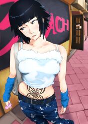 1girl bag bare_shoulders belt black_hair bleach bleach:_sennen_kessen-hen breasts casual cellphone collarbone dakaeya female_focus flip_phone handbag highres holding holding_phone lips medium_hair open_door pants phone small_breasts standing sui-feng tagme tank_top white_tank_top