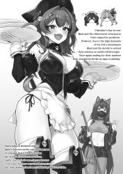 2girls absurdres animal_ears apron baguette_man bikini boots breasts broom cat_ears cat_girl choker cleavage corset cropped_shirt detached_sleeves ear_piercing english_text fang goddess_of_victory:_nikke hair_intakes hat highres holding holding_broom holding_plate jacket large_breasts long_hair long_sleeves maid maid_apron maid_headdress mask mast_(nikke) mast_(romantic_maid)_(nikke) monochrome mouth_mask multiple_girls navel open_clothes open_jacket open_mouth paid_reward_available pantyhose piercing pirate_hat plate shorts simple_background sin_(backstreet_dream)_(nikke) sin_(nikke) skin_fang smile standing swimsuit sword thigh_boots waist_apron waving weapon wrist_cuffs