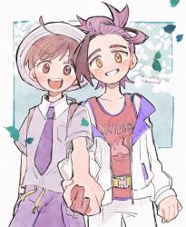2boys backpack bag blush brown_eyes brown_hair collared_shirt commentary_request florian_(pokemon) grey_shirt grin hat holding_hands jacket kieran_(pokemon) leaf long_sleeves looking_at_viewer male_focus mole mole_on_neck multicolored_hair multiple_boys necktie nintendo open_clothes open_jacket open_mouth pokemon pokemon_sv purple_hair red_tank_top school_uniform shirt shorts smile tank_top teeth ttnoooo twitter_username upper_teeth_only uva_academy_school_uniform white_jacket yaoi yellow_eyes