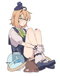Rule 34 | 1girl, addendium, animal, blonde hair, blue overalls, blue shoes, closed eyes, closed mouth, dokibird (vtuber), dokibird (vtuber) (crowki), dooby (vtuber), fish, fishbowl, full body, gloves, green eyes, green necktie, highres, indie virtual youtuber, necktie, nimi nightmare, nimi nightmare (tapir), one eye closed, overall shorts, overalls, sameko saba, shirt, shoes, short hair, simple background, sitting, sleeping, socks, solo focus, sweatdrop, tail, tapir, virtual youtuber, water, white background, white gloves, white shirt, white socks