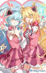 035nnn 2girls :q blonde_hair blue_eyes breasts cowboy_shot don_quixote_(project_moon) e.g.o_(project_moon) frilled_skirt frilled_vest frills hair_ornament hand_up heart heart_hair_ornament heart_hands highres in_the_name_of_love_and_hate_(e.g.o) limbus_company lobotomy_corporation lobotomy_corporation_(identity)_(project_moon) long_hair magical_girl marimohako medium_breasts multiple_girls one_eye_closed open_mouth pink_skirt pink_vest pleated_skirt project_moon queen_of_hatred skirt smile tongue tongue_out two_side_up very_long_hair vest