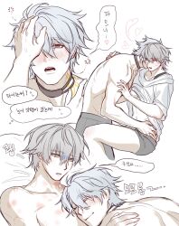 2boys antenna_hair bite_mark black_choker blue_eyes bruise caelus_(honkai:_star_rail) choker closed_eyes closed_mouth collarbone fingernails grey_hair grey_pants grey_shorts hair_between_eyes hand_on_another&#039;s_head hand_on_another&#039;s_shoulder heart highres honkai:_star_rail honkai_(series) implied_after_sex injury kiss kissing_neck looking_at_another lying lying_on_person male_focus multiple_boys multiple_views neck_tattoo on_back on_stomach one_eye_closed open_mouth pants phainon_(honkai:_star_rail) pillow shirt short_hair short_sleeves shorts simple_background sitting smile speech_bubble ss88ss standing sun_symbol sun_tattoo sweat sweatdrop t-shirt tan tattoo teeth thought_bubble topless_male trailblazer_(honkai:_star_rail) translation_request white_background white_shirt yaoi yellow_eyes